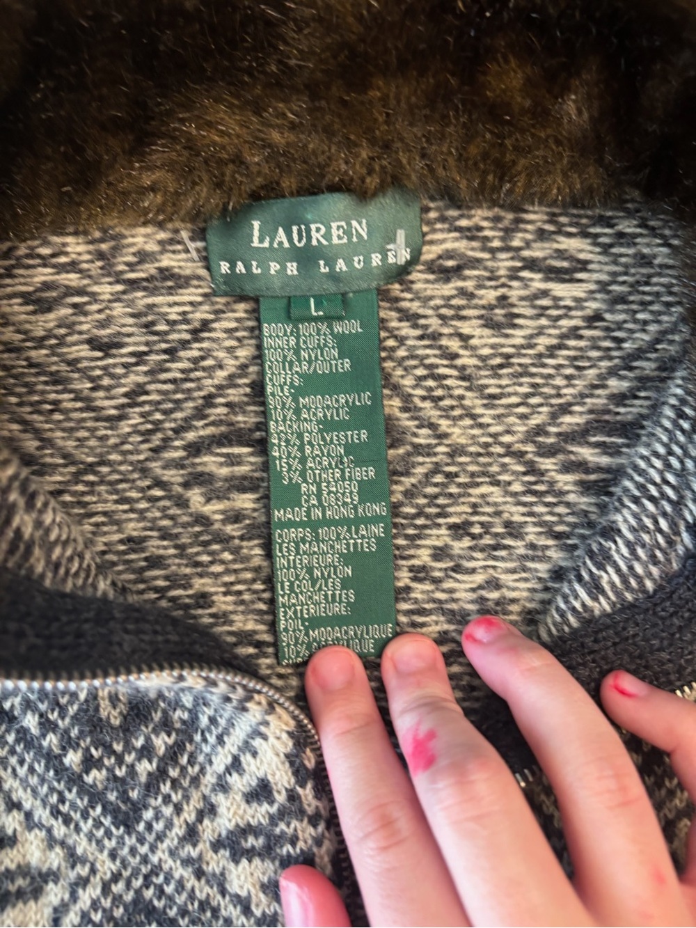 Vintage Lauren Ralph Lauren Wool Fair Isle Zip Sweater Jacket Faux Fur Collar L - Picture 2 of 11